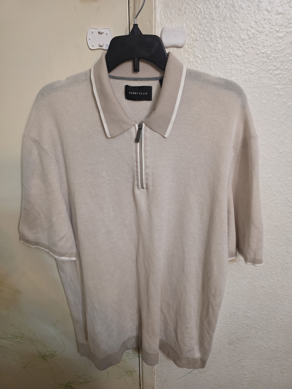 Perry Ellis Light Beige Half-Zip Polo Sweater with White Trim
